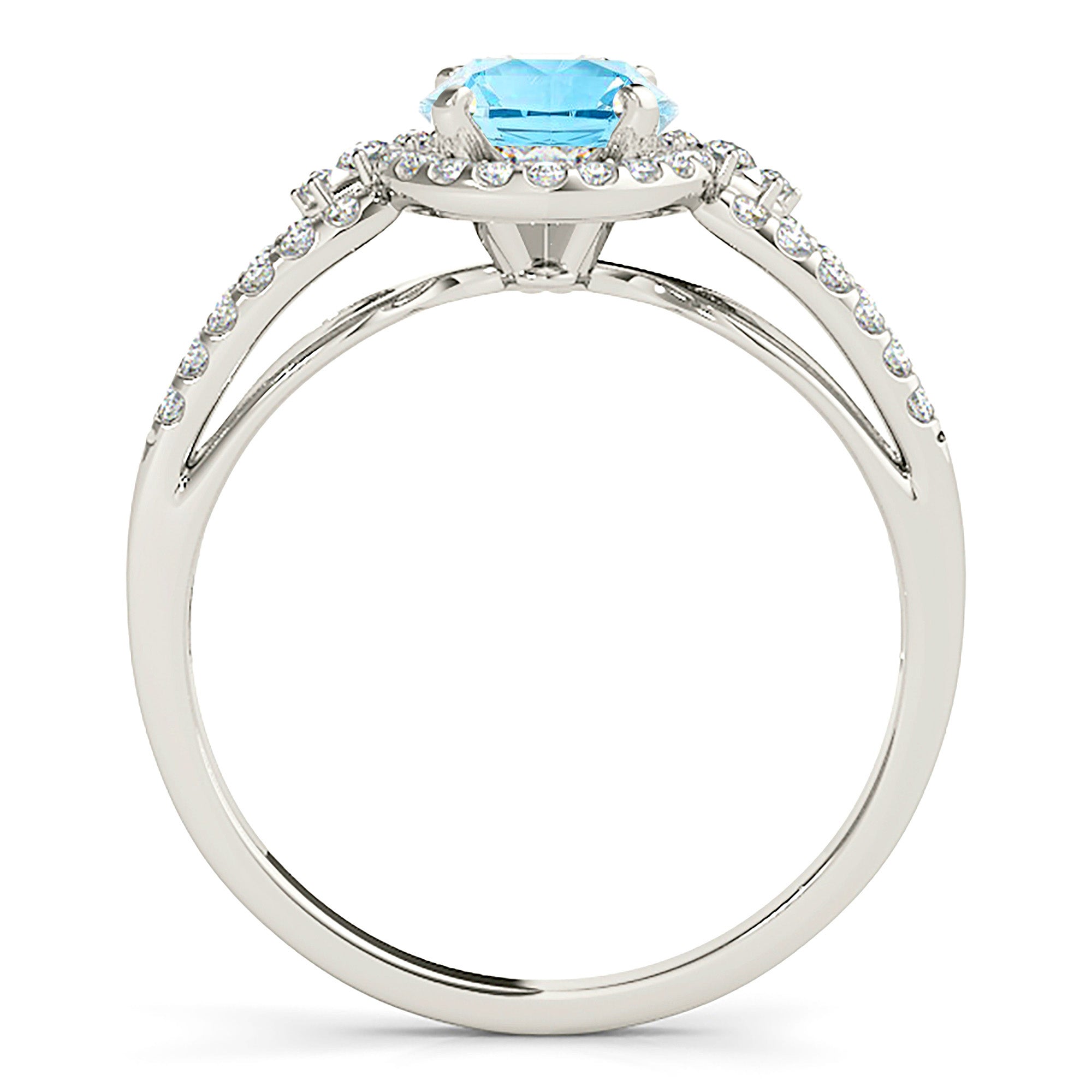 1.10 ct. Genuine Aquamarine Ring With 0.35 ctw. Diamond Halo, Curved Open Diamond Band, Side 2 Accent Diamonds| Blue Aquamarine Halo Ring-VIRABYANI
